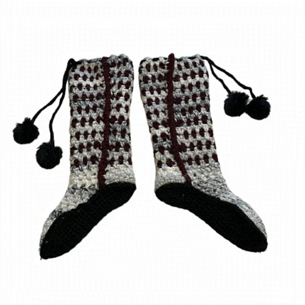 Handmade Knit Crochet Slipper Socks Pattern Slouchy Pom Pom Winter Boots Cream